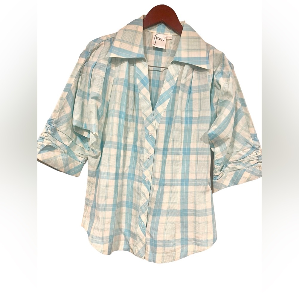 Finley Size Large Blue Plaid Button Down Top 3/4th Sleeves Collar Cotton
